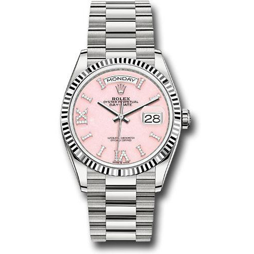 Rolex White Gold Day-Date 36 Watch - Fluted Bezel - Pink Opal Diamond Hour Marker Dial - President Bracelet - 128239 podhmp