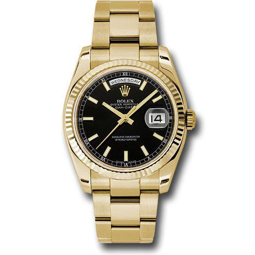Rolex Yellow Gold Day-Date 36 Watch - Fluted Bezel - Black Index Dial - Oyster Bracelet - 118238 bkso