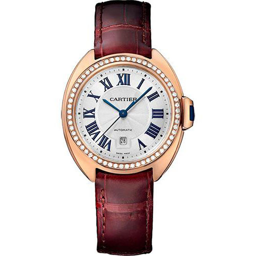 Cartier Cle De Cartier Watch - 31 mm Pink Gold Diamond Case - Diamond Bezel - Silver Dial - Bordeaux Alligator Strap - WJCL0016