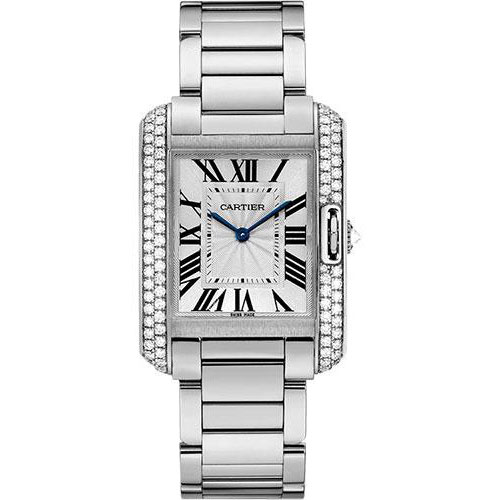 Cartier Tank Anglaise Watch - 34.7 mm White Gold Diamond Case - Diamond Bezel - Silver Diamond Dial - WT100028