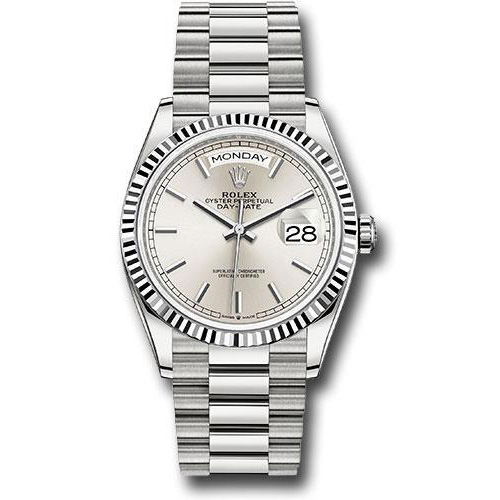 Rolex White Gold Day-Date 36 Watch - Fluted Bezel - Silver Index Dial - President Bracelet - 128239 sip