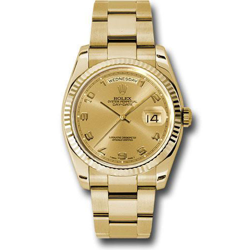 Rolex Yellow Gold Day-Date 36 Watch - Fluted Bezel - Champagne Arabic Dial - Oyster Bracelet - 118238 chao