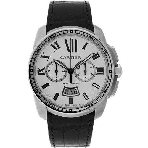Cartier Calibre de Cartier Chronograph Watch - 42 mm Steel Case - Silver Dial - Black Alligator Strap - W7100046