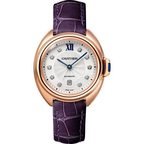 Cartier Cle de Cartier Watch - 31 mm Pink Gold Case - Silvered Diamond Dial - Aubergine Alligator Strap - WJCL0031