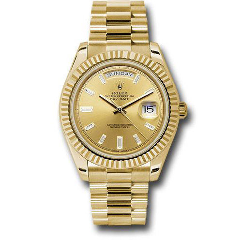 Rolex Yellow Gold Day-Date 40 Watch - Fluted Bezel - Champagne Baguette Diamond Dial - President Bracelet - 228238 chbdp