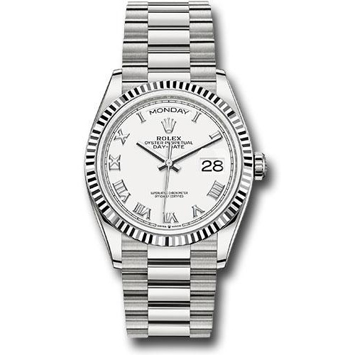 Rolex White Gold Day-Date 36 Watch - Fluted Bezel - White Roman Dial - President Bracelet - 128239 wrp