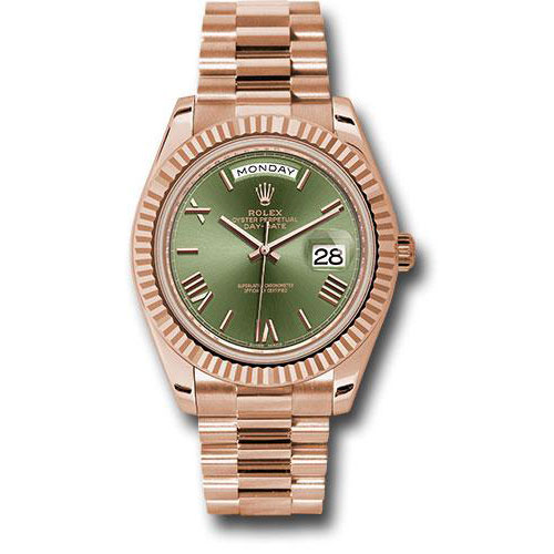 Rolex Everose Gold Day-Date 40 Watch - Fluted Bezel - Olive Green Bevelled Roman Dial - President Bracelet - 228235 ogrp