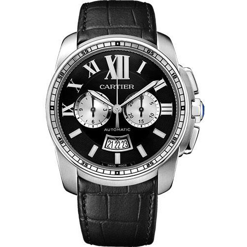 Cartier Calibre de Cartier Chronograph Watch - 42 mm Steel Case - Black Dial - Black Alligator Strap - W7100060