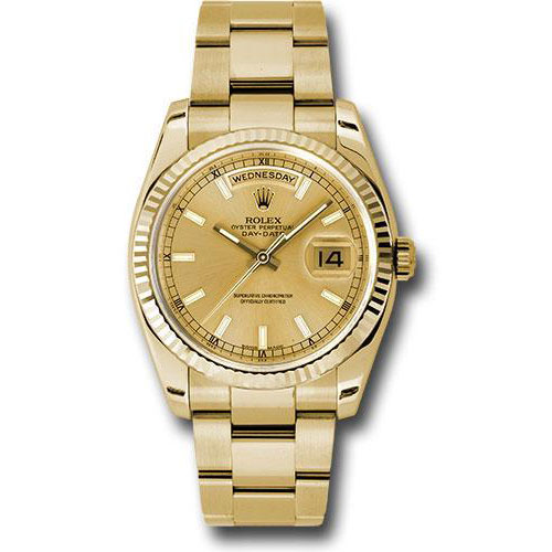 Rolex Yellow Gold Day-Date 36 Watch - Fluted Bezel - Champagne Diamond Dial - President Bracelet - 128238 chdp