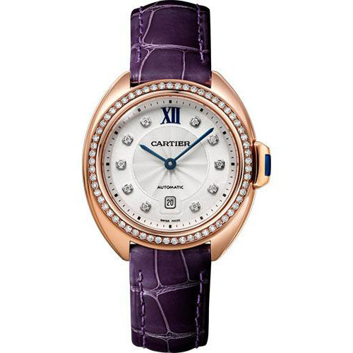 Cartier Cle de Cartier Watch - 31 mm Pink Gold Diamond Case - Diamond Bezel - Silvered Flinque Dial - Aubergine Alligator Strap - WJCL0038