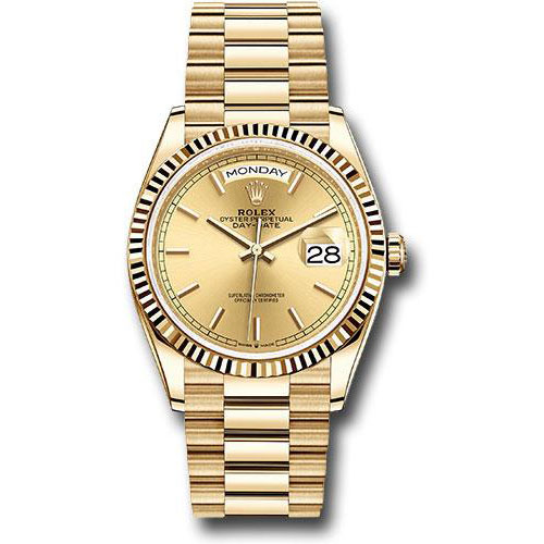 Rolex Yellow Gold Day-Date 36 Watch - Fluted Bezel - Champagne Index Dial - President Bracelet - 128238 chip