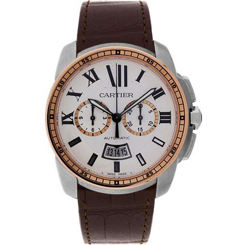 Cartier Calibre de Cartier Chronograph Watch - 42 mm Steel And Pink Gold Case - Silver Dial - Brown Alligator Strap - W7100043