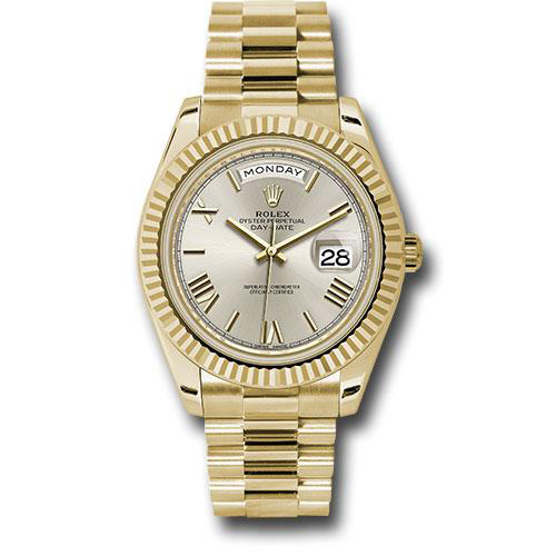 Rolex Yellow Gold Day-Date 40 Watch - Fluted Bezel - Silver Bevelled Roman Dial - President Bracelet - 228238 srp