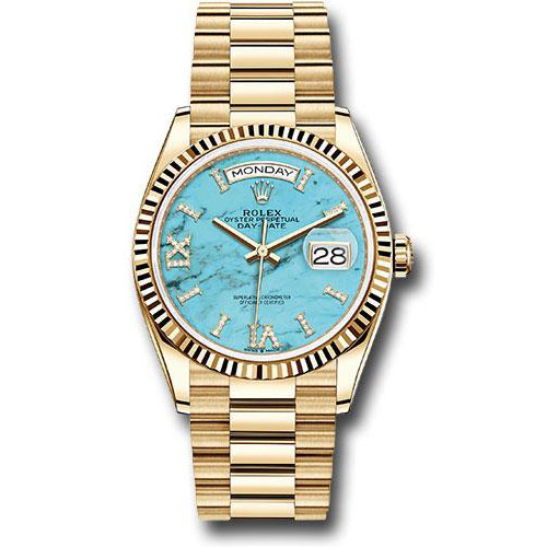 Rolex Yellow Gold Day-Date 36 Watch - Fluted Bezel - Champagne Index Dial - President Bracelet - 128238 tdidrp