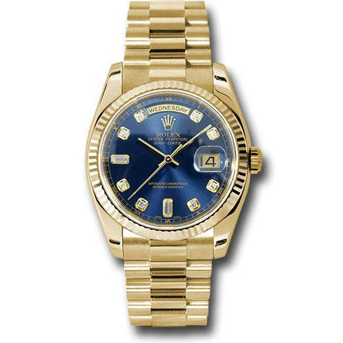 Rolex Yellow Gold Day-Date 36 Watch - Fluted Bezel - Blue Diamond Dial - President Bracelet - 118238 bdp