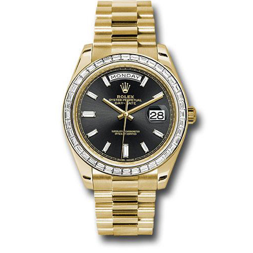 Rolex Yellow Gold Day-Date 40 Watch - Yellow Gold Bezel - Black Baguette Diamond Dial - President Bracelet - 228398TBR bkbdp