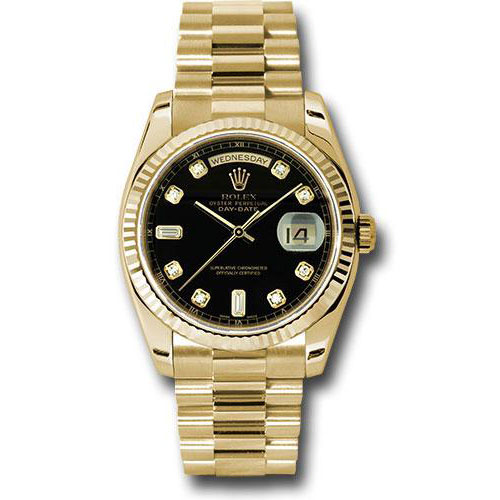 Rolex Yellow Gold Day-Date 36 Watch - Fluted Bezel - Black Diamond Dial - President Bracelet - 118238 bkdp