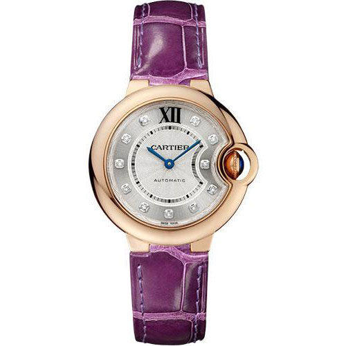Cartier Ballon Bleu de Cartier Watch - 33 mm Pink Gold Case - Diamond Dial - Purple Alligator Strap - WE902040