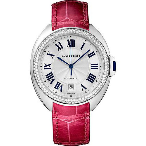 Cartier Cle De Cartier Watch - 40 mm White Gold Diamond Case - Diamond Bezel - Silver Dial - Fuchsia Pink Alligator Strap - WJCL0011