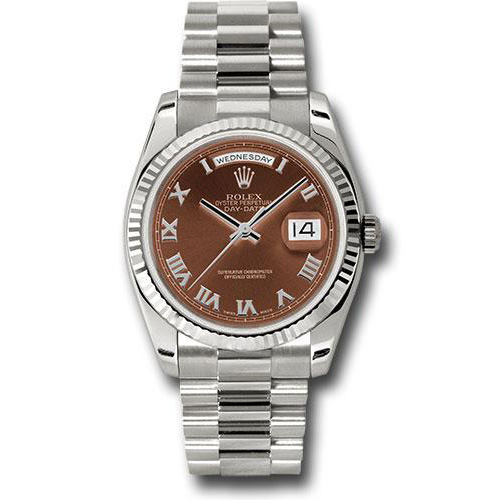 Rolex White Gold Day-Date 36 Watch - Fluted Bezel - Havana Brown Index Dial - President Bracelet - 118239 hrp