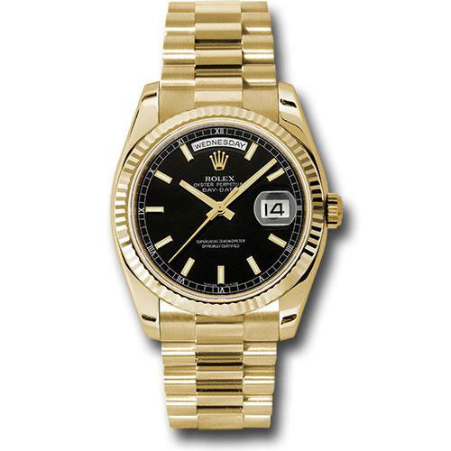 Rolex Yellow Gold Day-Date 36 Watch - Fluted Bezel - Black Index Dial - President Bracelet - 118238 bksp