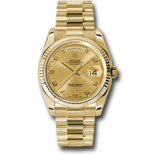 Rolex Yellow Gold Day-Date 36 Watch - Fluted Bezel - Champagne Arabic Dial - President Bracelet - 118238 chap