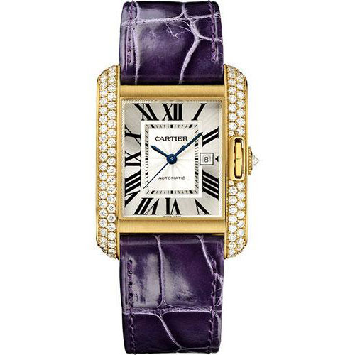 Cartier Tank Anglaise Watch - 39.2 mm Yellow Gold Diamond Case - Silvered Dial - Aubergine Alligator Strap - WT100017