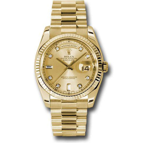 Rolex Yellow Gold Day-Date 36 Watch - Fluted Bezel - Champagne Diamond Dial - President Bracelet - 118238 chdp