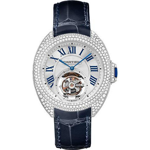 Cartier Cle de Cartier Flying Tourbillon Watch - 35 mm White Gold Diamond Case - Brass Dial - Navy Blue Alligator Strap - HPI00933
