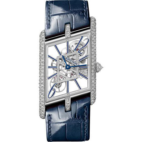 Cartier Tank Asymetrique Watch - 47.15 mm x 26.20 mm Platinum Diamond Case - Skeleton Dial - Navy Blue And Black Alligator Straps Limited Edition of 100 - HPI01370