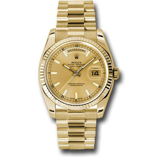 Rolex Yellow Gold Day-Date 36 Watch - Fluted Bezel - Champagne Index Dial - President Bracelet - 118238 chsp