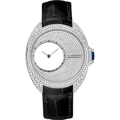 Cartier Cle de Cartier Mysterious Hours Watch - 41 mm Palladium 950 Diamond Case - White Gold Diamond Dial - Black Alligator Strap - HPI00946