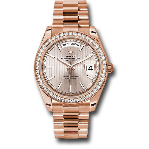 Rolex Everose Gold Day-Date 40 Watch - Everose Gold Bezel - Sundust Strip Motif Index Dial - President Bracelet - 228345RBR sdsmip