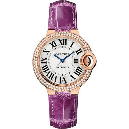 Cartier Ballon Bleu de Cartier Watch - 33 mm Rose Gold Diamond Case - Opaline Dial - Purple Alligator Strap - WJBB0051