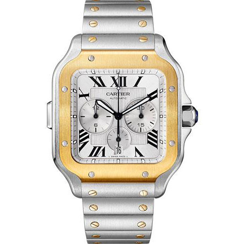 Cartier Santos de Cartier Chronograph Watch - 43.3 mm Gold And Steel Case - Silver Dial - Steel Bracelet - W2SA0008