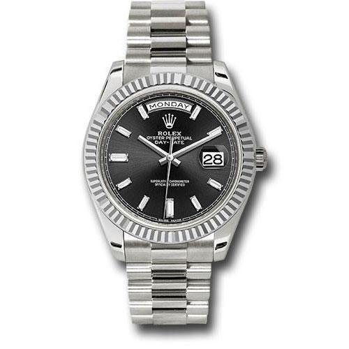 Rolex White Gold Day-Date 40 Watch - Fluted Bezel - Black Baguette Diamond Dial - President Bracelet - 228239 bkbdp