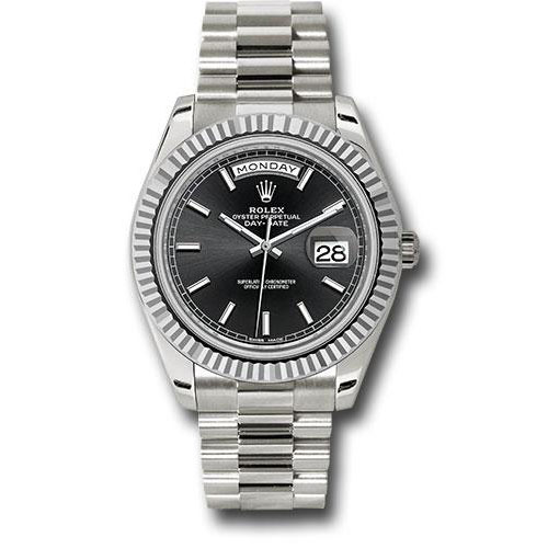 Rolex White Gold Day-Date 40 Watch - Fluted Bezel - Black Index Dial - President Bracelet - 228239 bkip