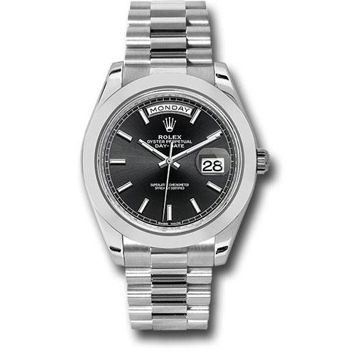 Rolex 950 Platinum Day-Date 40 Watch - Smooth Bezel - Black Index Dial - President Bracelet - 228206 bkip