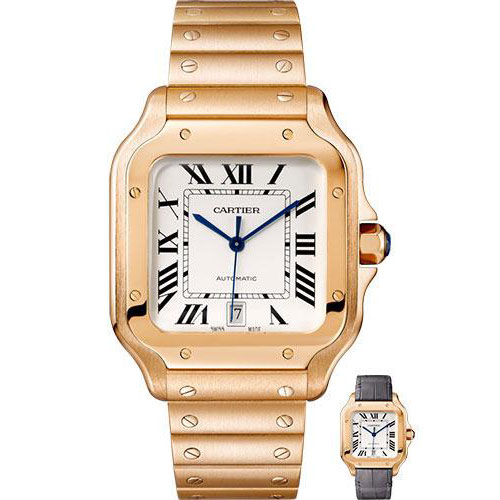Cartier Santos de Cartier Watch - 39.8 mm Pink Gold Case - Silvered Dial - Allilgator Strap - WGSA0007