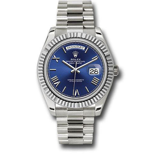Rolex White Gold Day-Date 40 Watch - Fluted Bezel - Blue Bevelled Roman Dial - President Bracelet - 228239 blrp