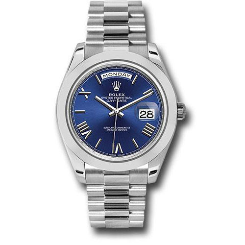 Rolex 950 Platinum Day-Date 40 Watch - Smooth Bezel - Blue Bevelled Roman Dial - President Bracelet - 228206 blrp