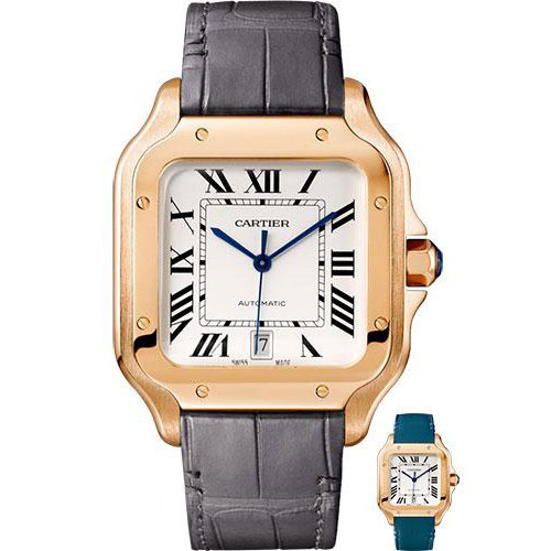 Cartier Santos de Cartier Watch - 39.8 mm Pink Gold Case - Silvered Dial - Dark Grey Alligator Strap - Quickswitch Bracelet - WGSA0011