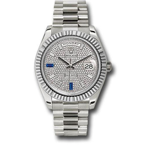 Rolex White Gold Day-Date 40 Watch - Fluted Bezel - Diamond Paved Baguette Diamond Dial - President Bracelet - 228239 dp7d2sp