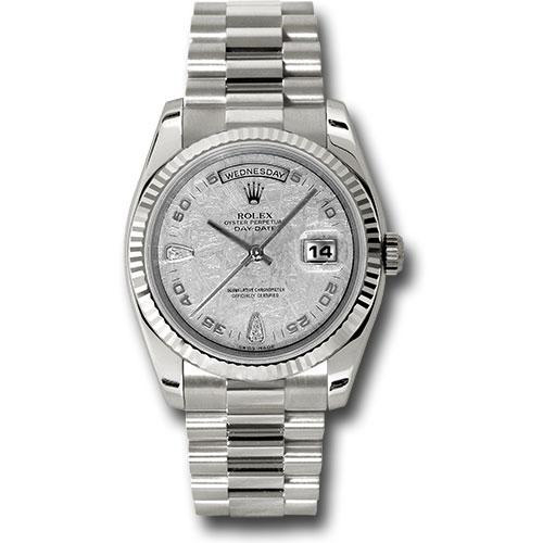 Rolex White Gold Day-Date 36 Watch - Fluted Bezel - Meteorite Diamond Dial - President Bracelet - 118239 mtadp