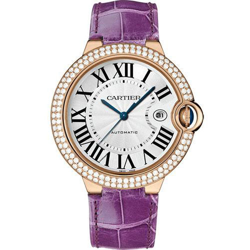 Cartier Ballon Bleu de Cartier Watch - 42 mm Yellow Gold Diamond Case - White Dial - Purple Alligator Strap - WJBB0031