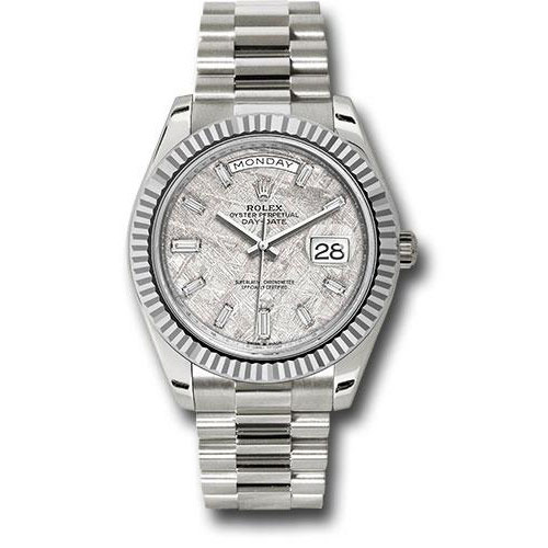 Rolex White Gold Day-Date 40 Watch - Fluted Bezel - Meteorite Baguette Diamond Dial - President Bracelet - 228239 mtdp