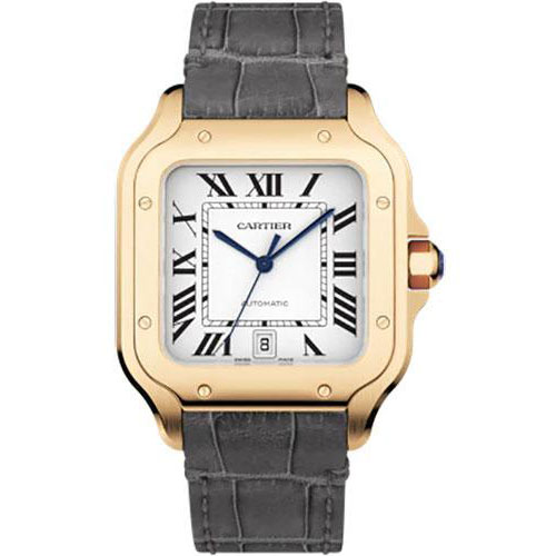 Cartier Santos de Cartier Watch - 39.8 mm Pink Gold Case - Silvered Dial - Alligator And Calfskin Strap - WGSA0019