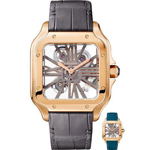 Cartier Santos de Cartier Watch - 39.8 mm Pink Gold Case - Skeleton Dial - Dark Grey Alligator Strap - Quickswitch Bracelet - WHSA0010