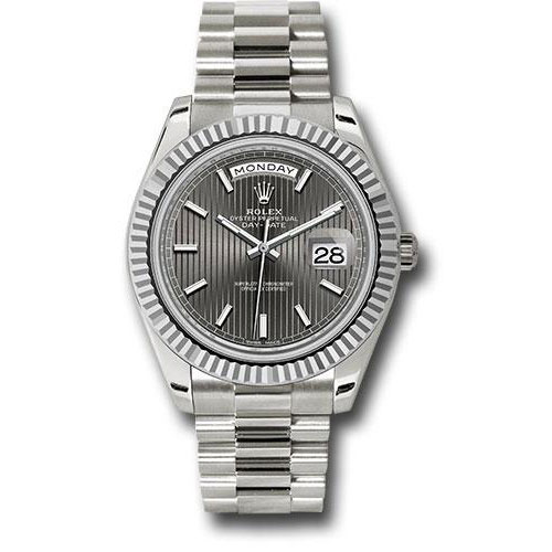 Rolex White Gold Day-Date 40 Watch - Fluted Bezel - Dark Rhodium Stripe Motif Index Dial - President Bracelet - 228239 rsmip