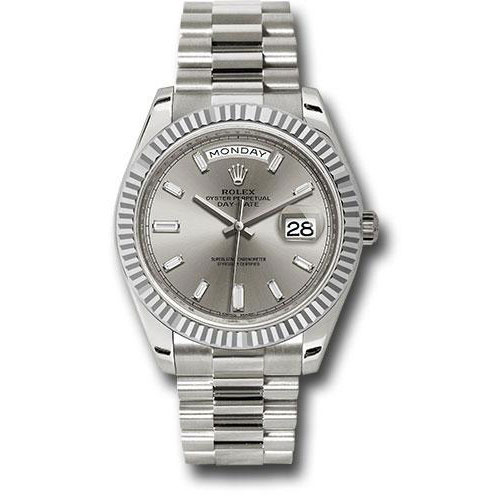 Rolex White Gold Day-Date 40 Watch - Fluted Bezel - Silver Baguette Diamond Dial - President Bracelet - 228239 sbdp